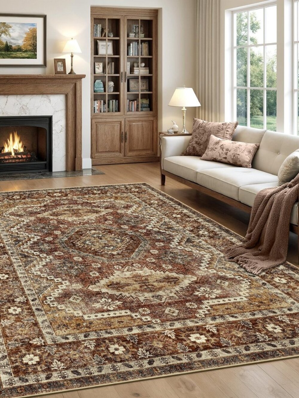 5x7 Area Rugs for Living Room, Vintage Washable Area Rug, Rust